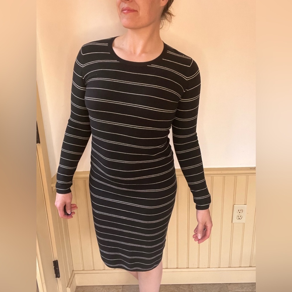 ATHLETA Weather Wool Knit Striped Black White Midi Sweater Dress Womens Small - Picture 2 of 9